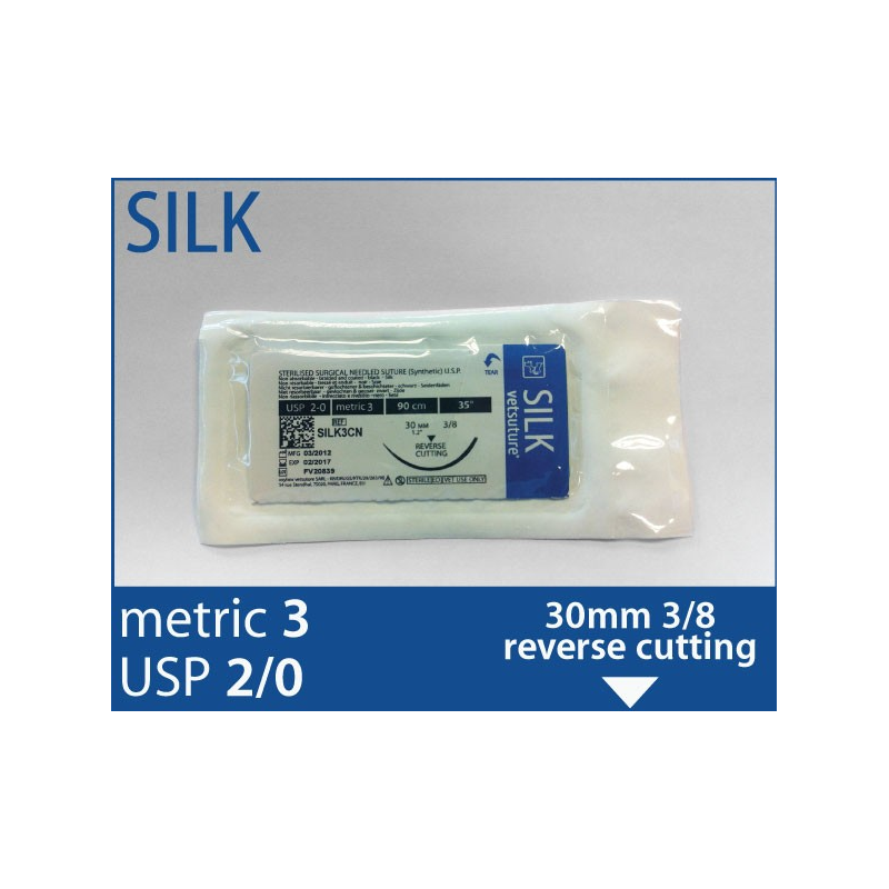 image: Vetsuture SILK metric 3 (USP 2/0)  90cm   -  Curved needle  3/8 30mm Reverse Cutting Point