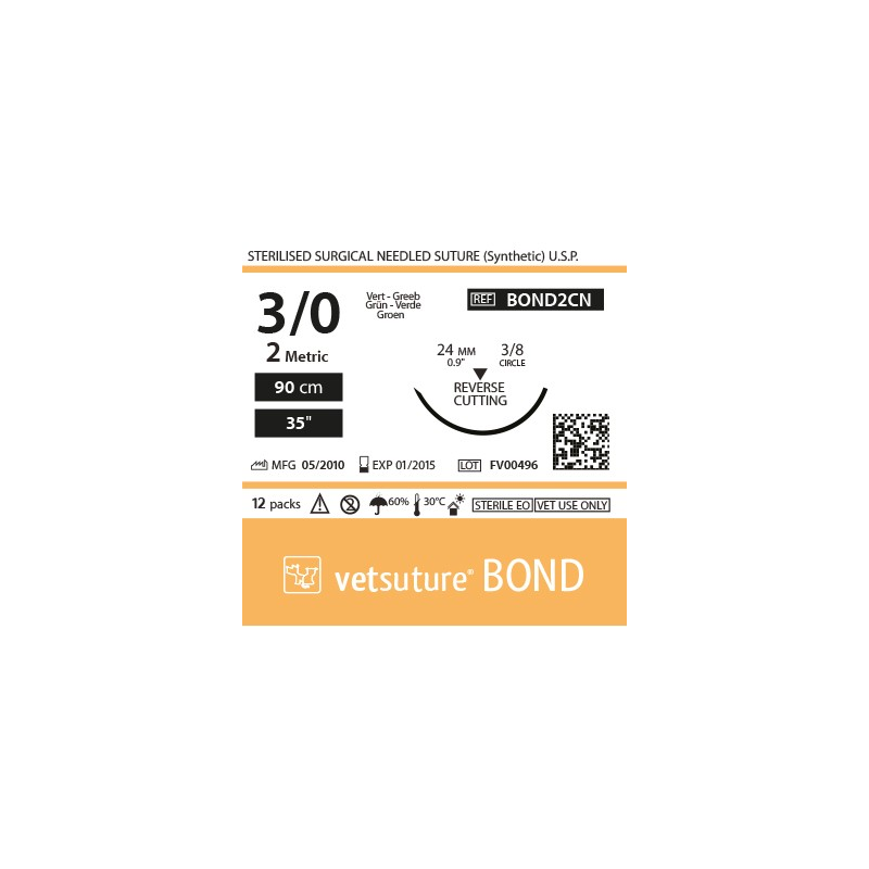 image: Vetsuture BOND metric 2 (USP 3/0) 90cm   -  Aiguille courbe 3/8 24mm Reverse Cutting Point