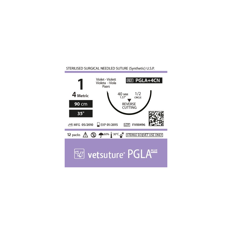 image: Vetsuture PGLA+ antibacterial metric 4 (USP 1) 90cm   -  Curved needle 1/2 40mm Reverse Cutting Point